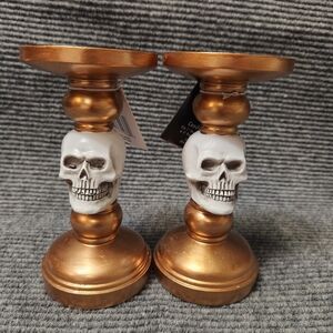 Halloween Decor Gothic Skull Bronze Gold Candlestick Holders 7.25" Tall NWT